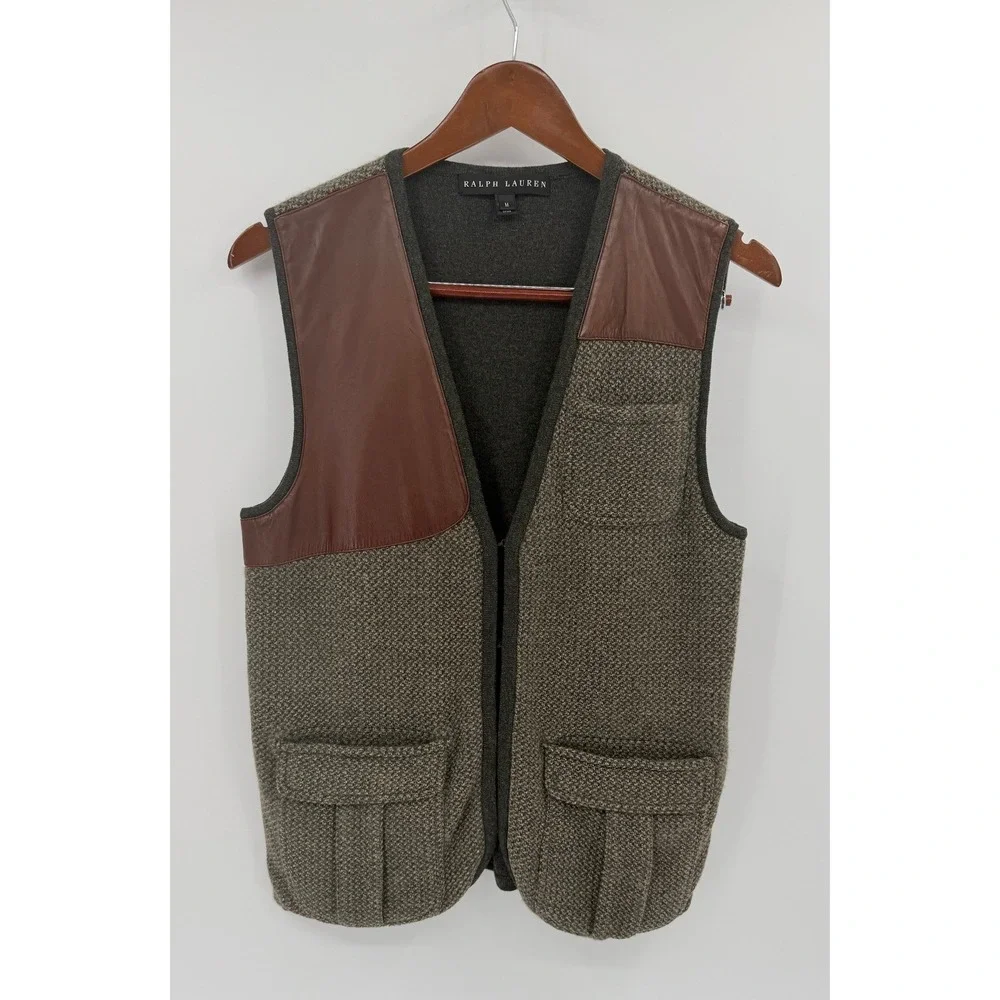 Ralph Lauren Wool‎ Tweed Leather Shooting Vest Men's M Reversible Style